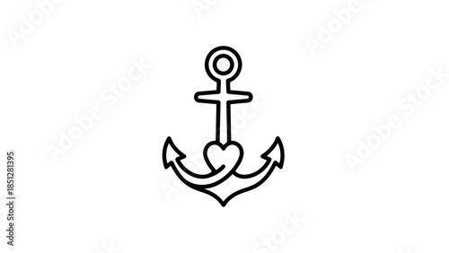 Line art anchor with heart detail, isolated vector graphic for nautical and love themes