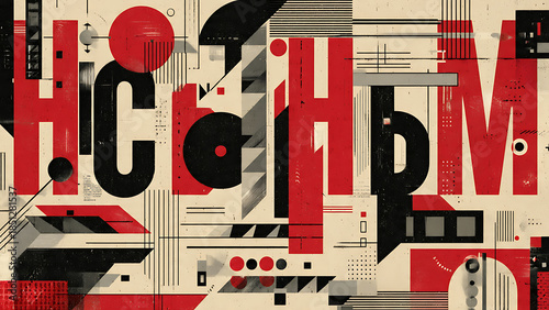 Russian Constructivism inspired background with bold typography shapes, red, black, and cream geometric layers.
