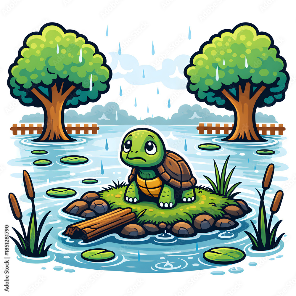 Fototapeta premium Lonely Turtle in Flooded Forest – Emotional AI Concept Art Illustration