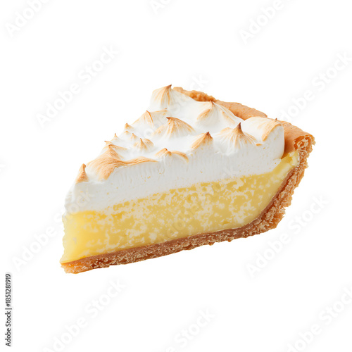 Lemon Meringue Pie Slice With Crust and Whipped Topping on a White Background