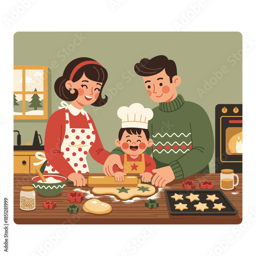 Chirismast winter scene with a cute retro family making christmas ornaments and celebrating happy holidays