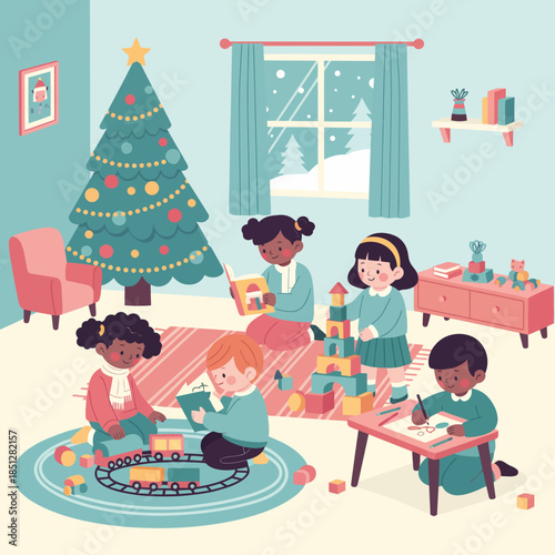 Cute retro illustration of children enjoying a heartwarming winter day indoors, surrounded by festive christmas ornaments, creating happy holidays memories