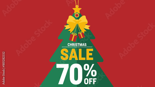A vibrant Christmas sale advertisement featuring a decorated tree with a 70% discount on a red background