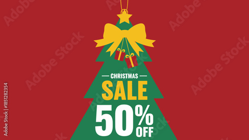 Christmas sale advertisement with 50% discount offer on a festive green tree graphic