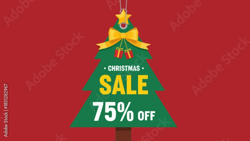A Christmas sale advertisement featuring a green tree with a yellow bow on a red background