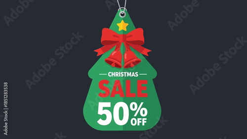 A green Christmas sale tag with 50% off discount hanging against a dark background