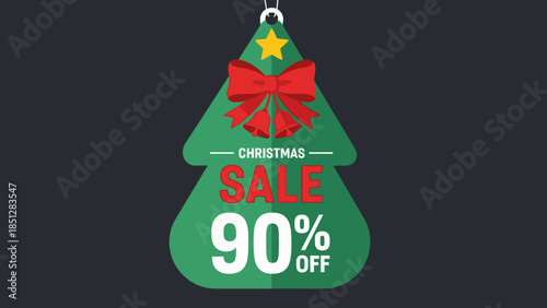 A green Christmas tree graphic with 90 percent off sale advertisement hanging on a dark background