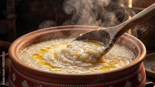 Cooking Traditional Saudi Jareesh with Wooden Spoon Close-up