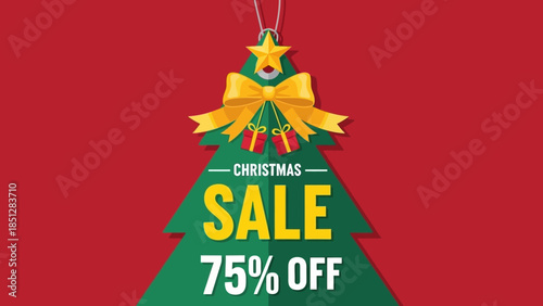 A festive Christmas tree graphic with a 75% off sale banner on a red background
