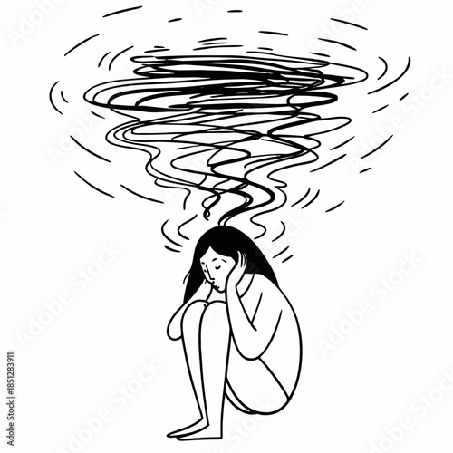 Depression teenager woman drowning in her regret, anxiety and stress. Mental health problem illustration