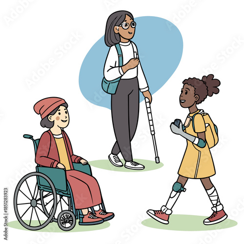 Set Disabled Characters Blind Woman with Cane, Man in Wheelchair, Woman with Robotic Hand Prosthesis, Girl on Crutches