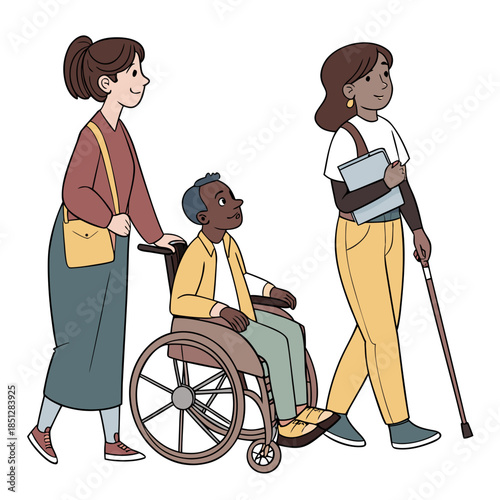 Set Disabled Characters Blind Woman with Cane, Man in Wheelchair, Woman with Robotic Hand Prosthesis, Girl on Crutches