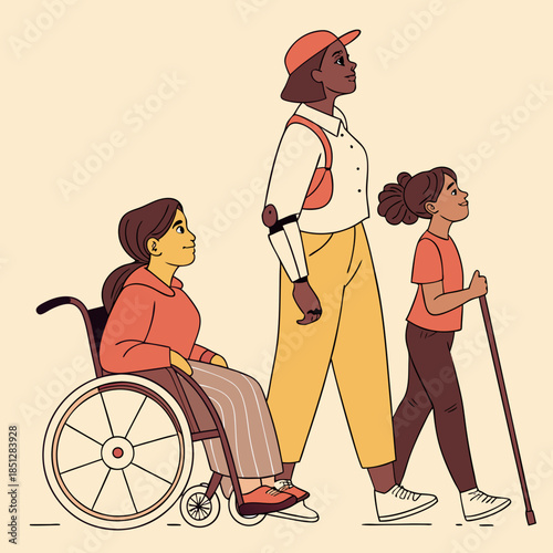 Set Disabled Characters Blind Woman with Cane, Man in Wheelchair, Woman with Robotic Hand Prosthesis, Girl on Crutches