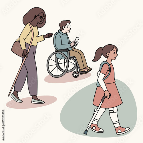 Set Disabled Characters Blind Woman with Cane, Man in Wheelchair, Woman with Robotic Hand Prosthesis, Girl on Crutches