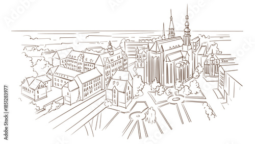 Hand drawn sketch of European historical city center with gothic church and square. Panoramic cityscape. Legnica.