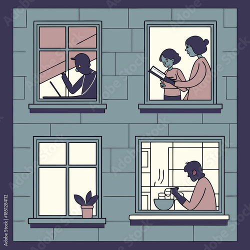 Neighbors in windows. Cartoon characters at their apartment reading book, cooking, watching TV and spending time together. Vector illustration evening home scene, silhouette or shadow people in window