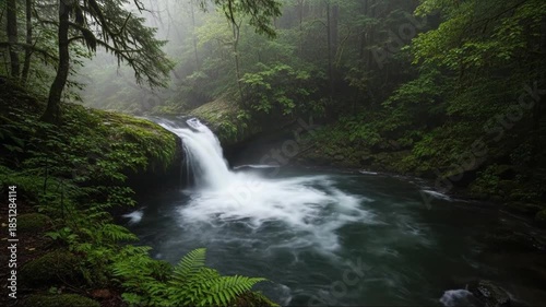 Serene Forest Stream Cascading Through Lush Green Environment on Misty Morning