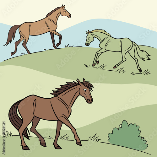 Three horses shown in various stances