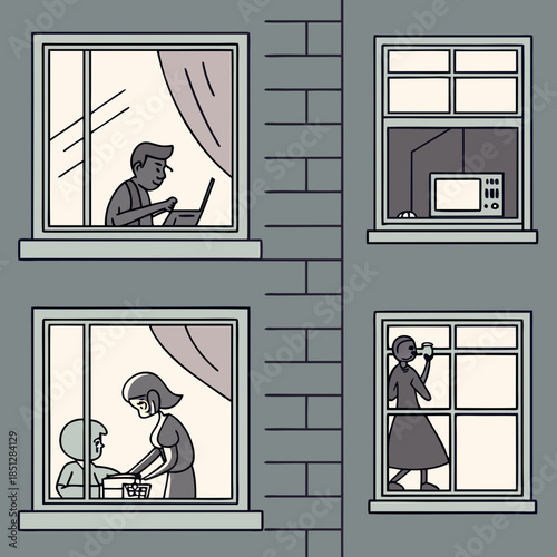 Neighbors in windows. Cartoon characters at their apartment reading book, cooking, watching TV and spending time together. Vector illustration evening home scene, silhouette or shadow people in window