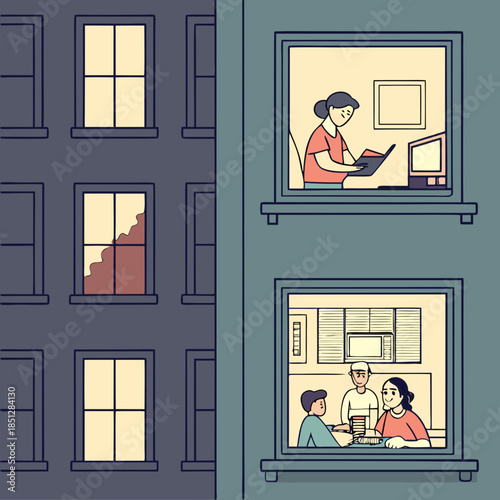 Neighbors in windows. Cartoon characters at their apartment reading book, cooking, watching TV and spending time together. Vector illustration evening home scene, silhouette or shadow people in window