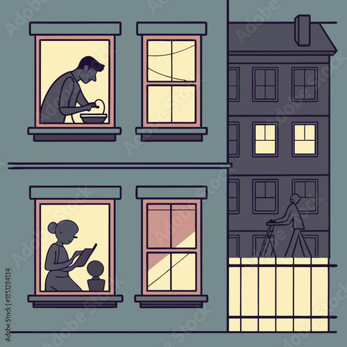 Neighbors in windows. Cartoon characters at their apartment reading book, cooking, watching TV and spending time together. Vector illustration evening home scene, silhouette or shadow people in window