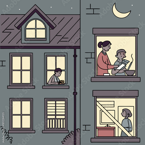 Neighbors in windows. Cartoon characters at their apartment reading book, cooking, watching TV and spending time together. Vector illustration evening home scene, silhouette or shadow people in window