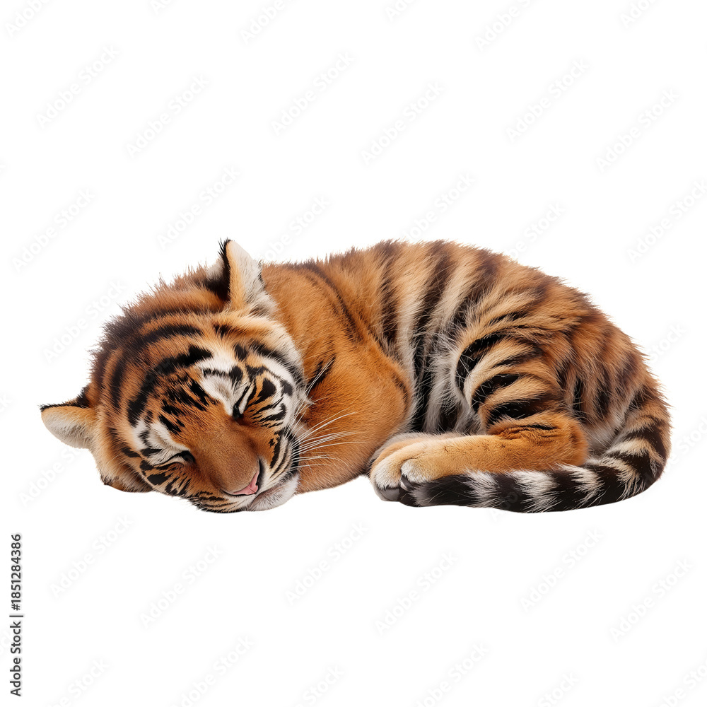 Obraz premium Tiger Cub Sleeps on a Soft Surface During the Day in a Bright Environment