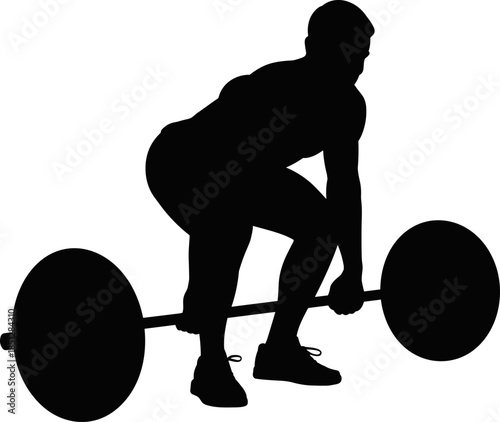 Vector Illustration of a Male Weightlifter Silhouette, Featuring a Strong Athlete Performing a Deadlift with a Heavy Barbell for Fitness and Bodybuilding
