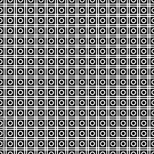 Seamless surface pattern with symmetric ornament. Circles, squares and strokes texture. Geometric abstract background. Grill motif. For digital paper, textile print, web design. Vector illustration