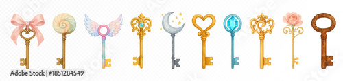 Fantasy watercolor key collection with hearts, flowers, wings, moon, spiral and symbolic tops, decorative romantic keys set in pastel and golden tones for creative designs. Vector illustration.