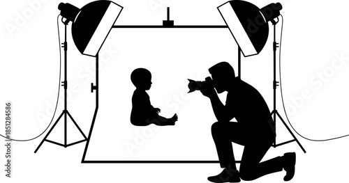 Vector Illustration of a Photographer Taking a Photo of a Baby Silhouette in a Professional Studio with Lighting and Backdrop
