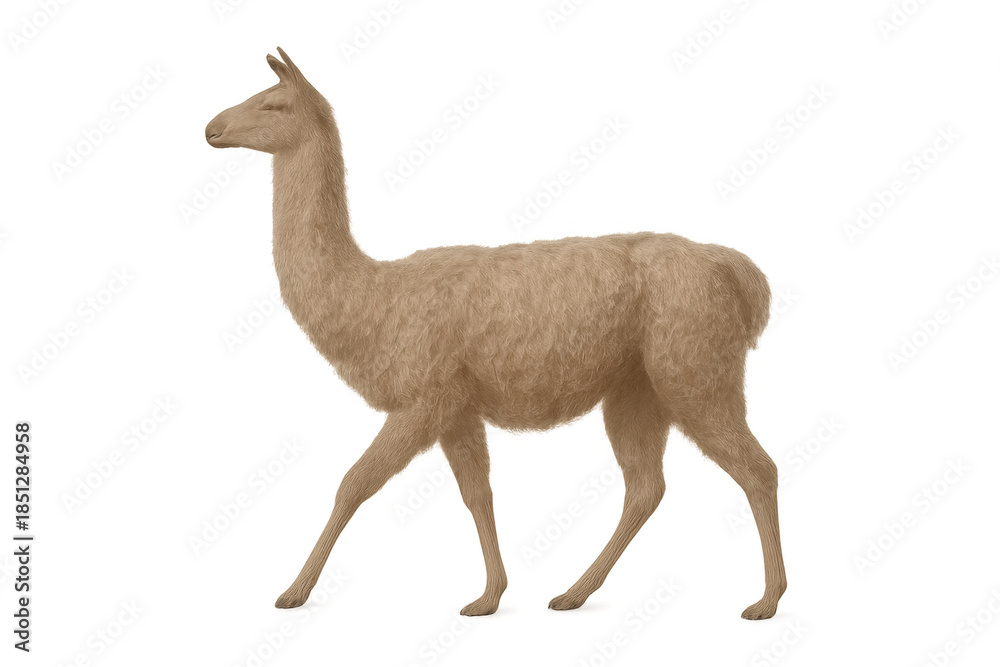 Obraz premium Llama walking, isolated animal with fur in profile, transparent background, domesticated peruvian mammal concept