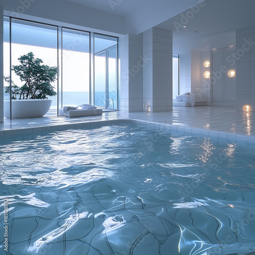 A large, clear pool with a view of the ocean
