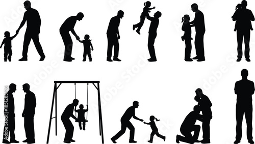 Father and daughter silhouettes set showing parenting moments, playing lifting hugging and caring interactions, family love lifestyle illustration collection isolated on white background
