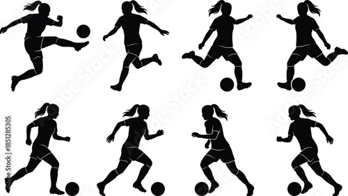 Female soccer player silhouettes dynamic action poses women football athletes running kicking isolated black white illustration sport motion concept