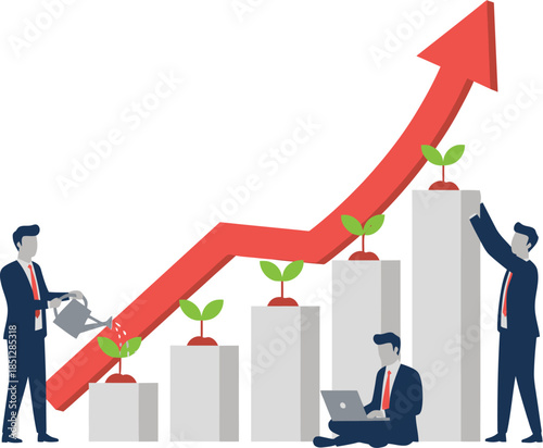 Growth and Nurturing: Symbolic illustration of business and financial growth, showing figures carefully tending to sprouting plants representing investment and progress, with an upward trending arrow.