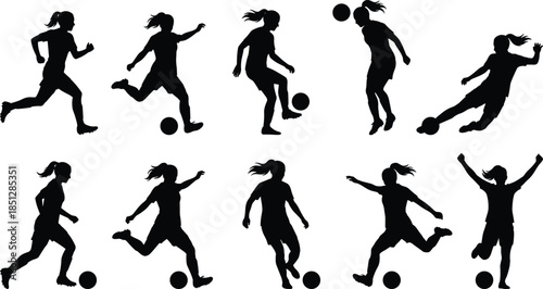 Female soccer player silhouettes action poses women football athletes kicking running jumping isolated black white illustration sport concept