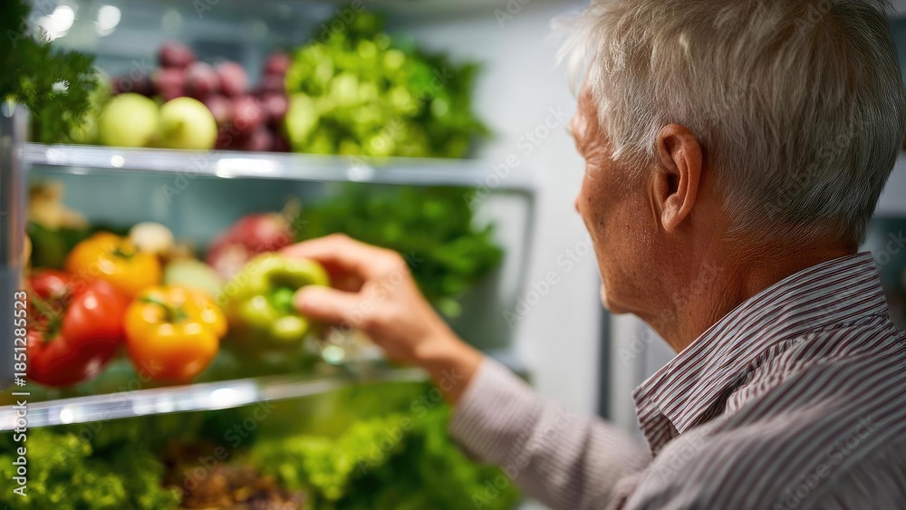Fototapeta premium An elderly man selects a green bell pepper from a fridge full of colorful fresh vegetables. Concept Elderly man selecting produce, Green bell pepper, Colorful vegetables, Fresh groceries