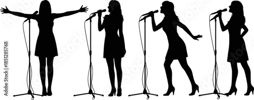 Vector Illustration of Female Singer Silhouette Set, Featuring Musicians Performing on Stage with Microphones for Music, Concert, and Entertainment Design Concepts