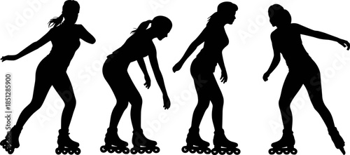 Vector Illustration of Female Rollerblader Silhouette Set, Featuring Four Different Poses of Women Skating for Fitness and Active Lifestyle Concepts