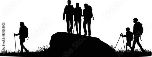 Vector Illustration of Hiking Family Silhouette, Featuring Group of Mountaineers with Backpacks and Trekking Poles for Outdoor Adventure and Nature Concepts