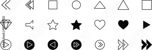 Collection of black and white geometric icons and navigation arrows symbol play
