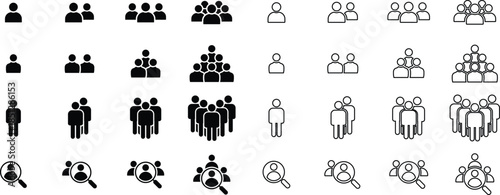 Collection of black and white human figure icons representing groups and search people icons