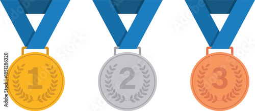 Gold silver bronze medals with blue ribbons and laurel wreaths gold medal silver medal