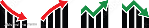 Red and green arrows on black bar graph icons showing decline and growth chart