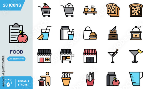 Collection of twenty colorful and simple outline style food and drink icons for menu or app design on white background