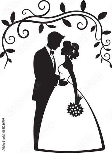 Romantic couple silhouette with floral elements