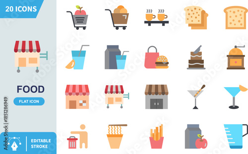 Collection of twenty pixelated food and drink icons perfect for digital menus and mobile gaming interfaces on white background
