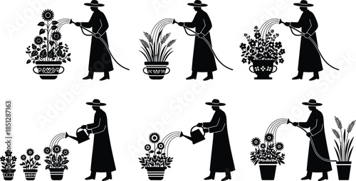 Gardener watering plants silhouettes collection, woman caring for flowers and potted plants, gardening and nature lifestyle isolated on white background
