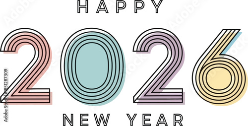Colorful 'Happy New Year 2026' text graphic with multicolored striped numbers on a white background.